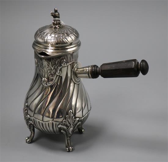 A late 19th/early 20th century French white metal chocolate pot, 11 oz.